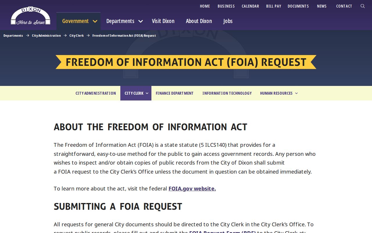 Dixon Police Records FOIA page for Lee County arrest records